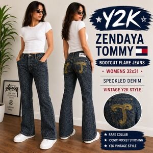 Y2K Zendaya Tommy Bootcut Flare Jeans Womens 32x31 Speckled Denim Stretch EUC